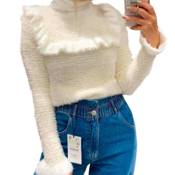 Zara Sweaters - ZARA Fuzzy White Turtleneck Sweater with Metallic Thread Detail, Sz S